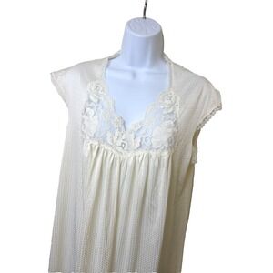 Vtg‎ Long Nightgown White Shimmery Jacquard Nylon Rose Lace 70s 80s Size M or L